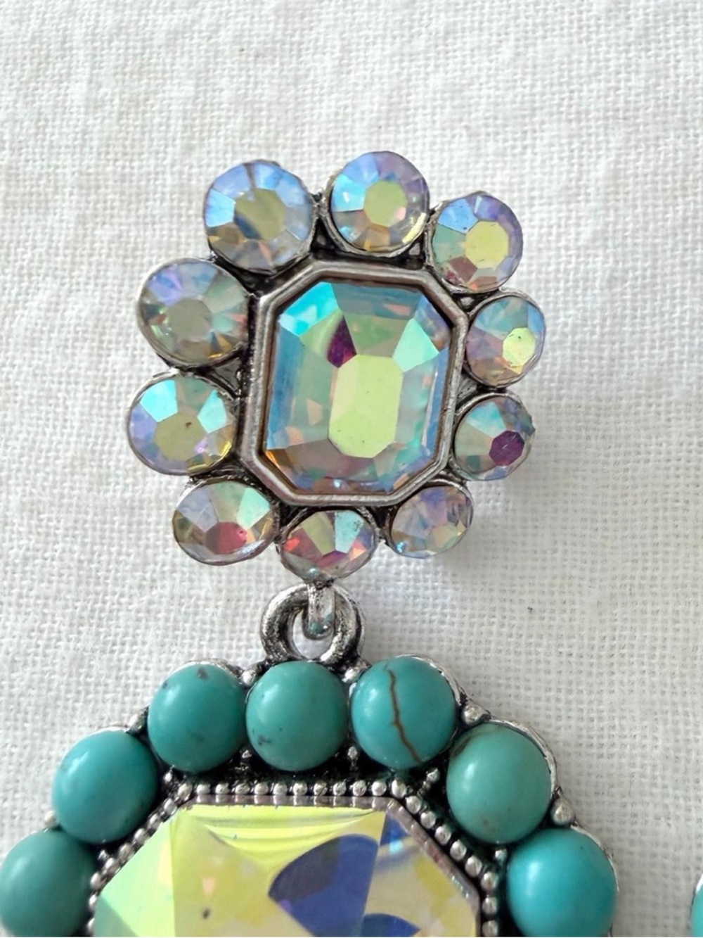 Statement Turquoise & Rhinestone Dangle Earrings - Picture 3 of 6